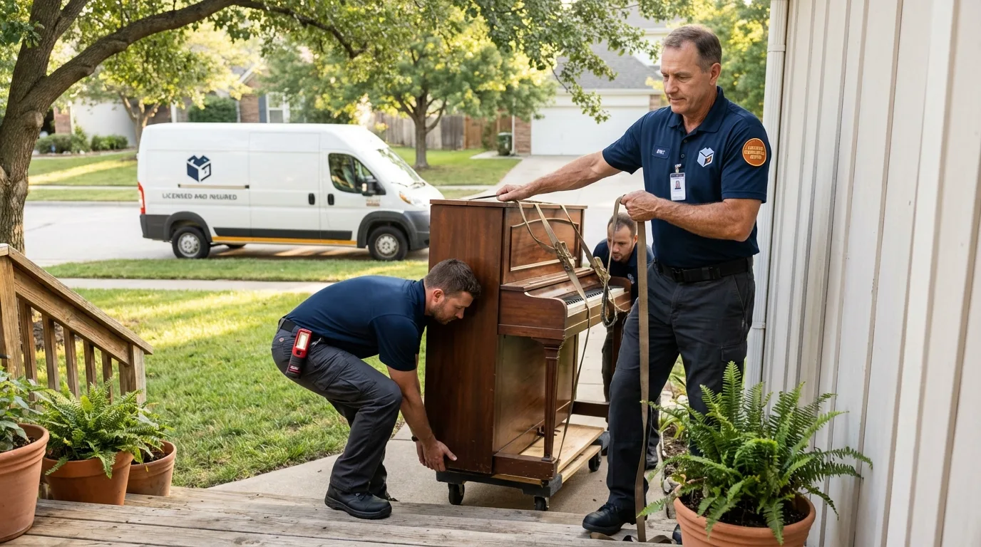Licensed piano movers securing grand piano in Rocky Point, NY