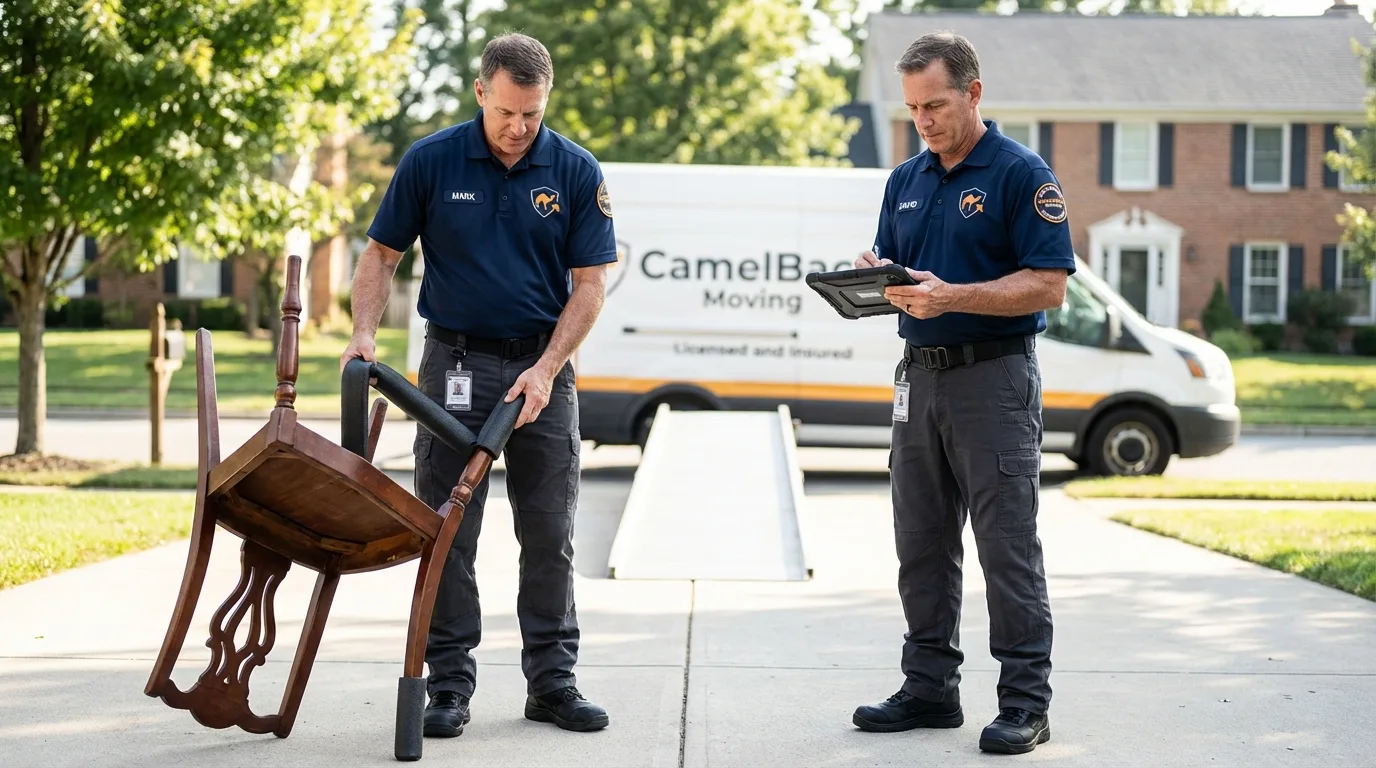Movers inspecting furniture for damage prevention before loading in Rocky Point, NY